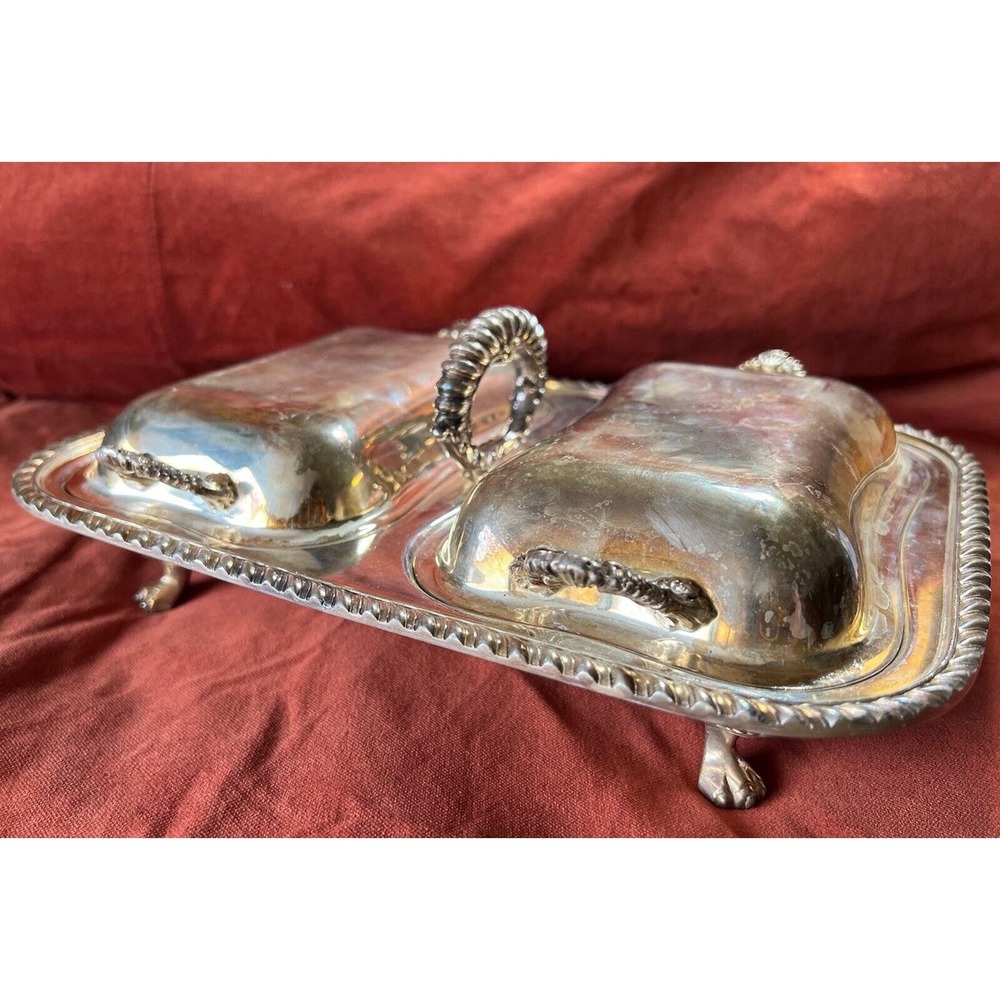 ENGLISH SILVER MFG CORP DOUBLE COVERED FOOTED DISH LID CASSEROLE USA